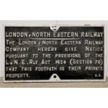 A cast iron London North East railway footpath sign, 57 x 31cm.