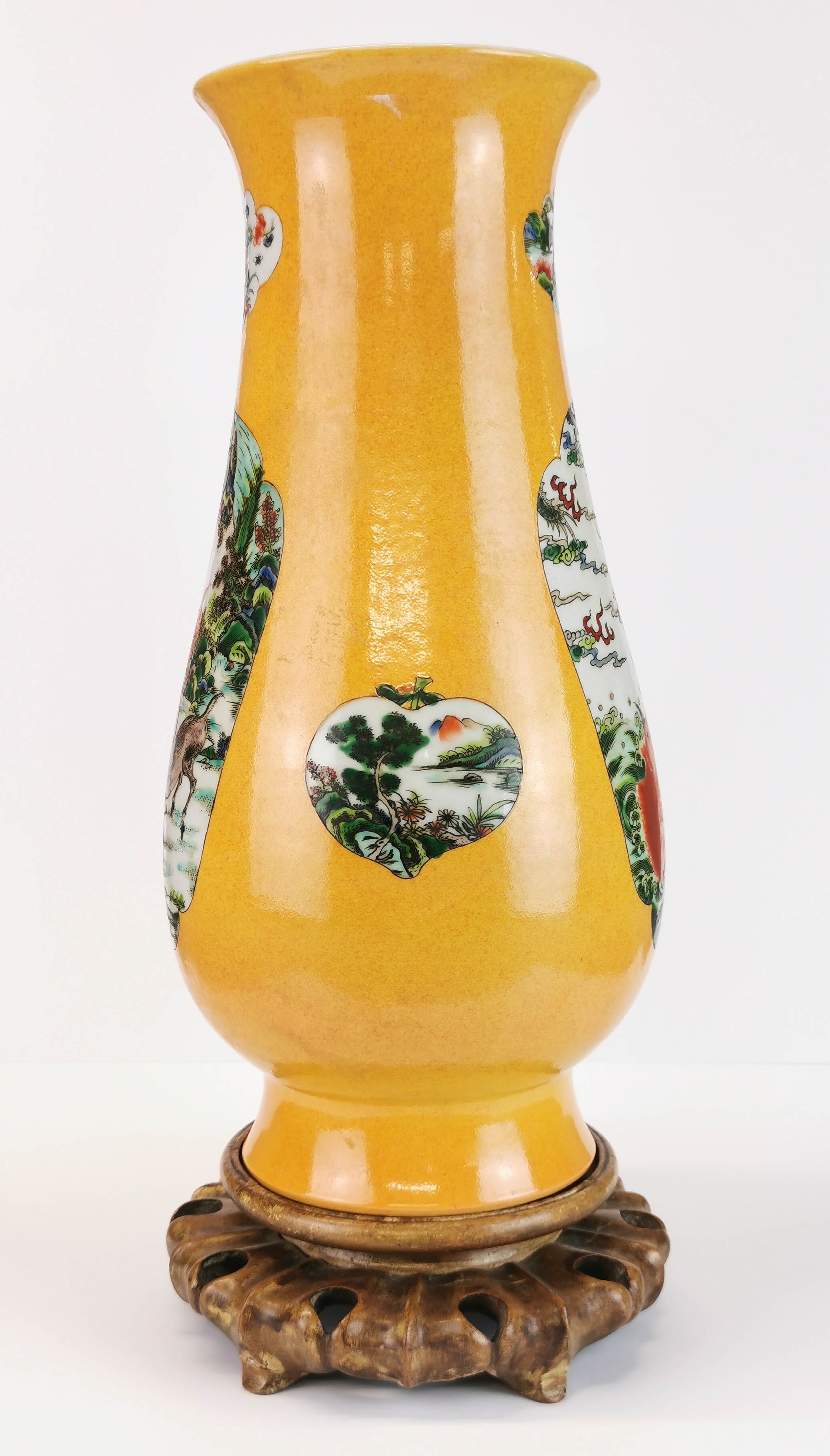 An impressive Chinese hand painted porcelain vase, H. 42cm, on a carved wooden base. - Image 2 of 3