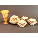 A Clarice Cliff Art Deco part soup set (A/F to some saucers) together with a Clarice Cliff vase (