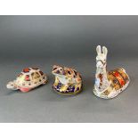 Three Royal Crown Derby paperweights in the shape of a Llama, frog and tortoise, largest 15cm.