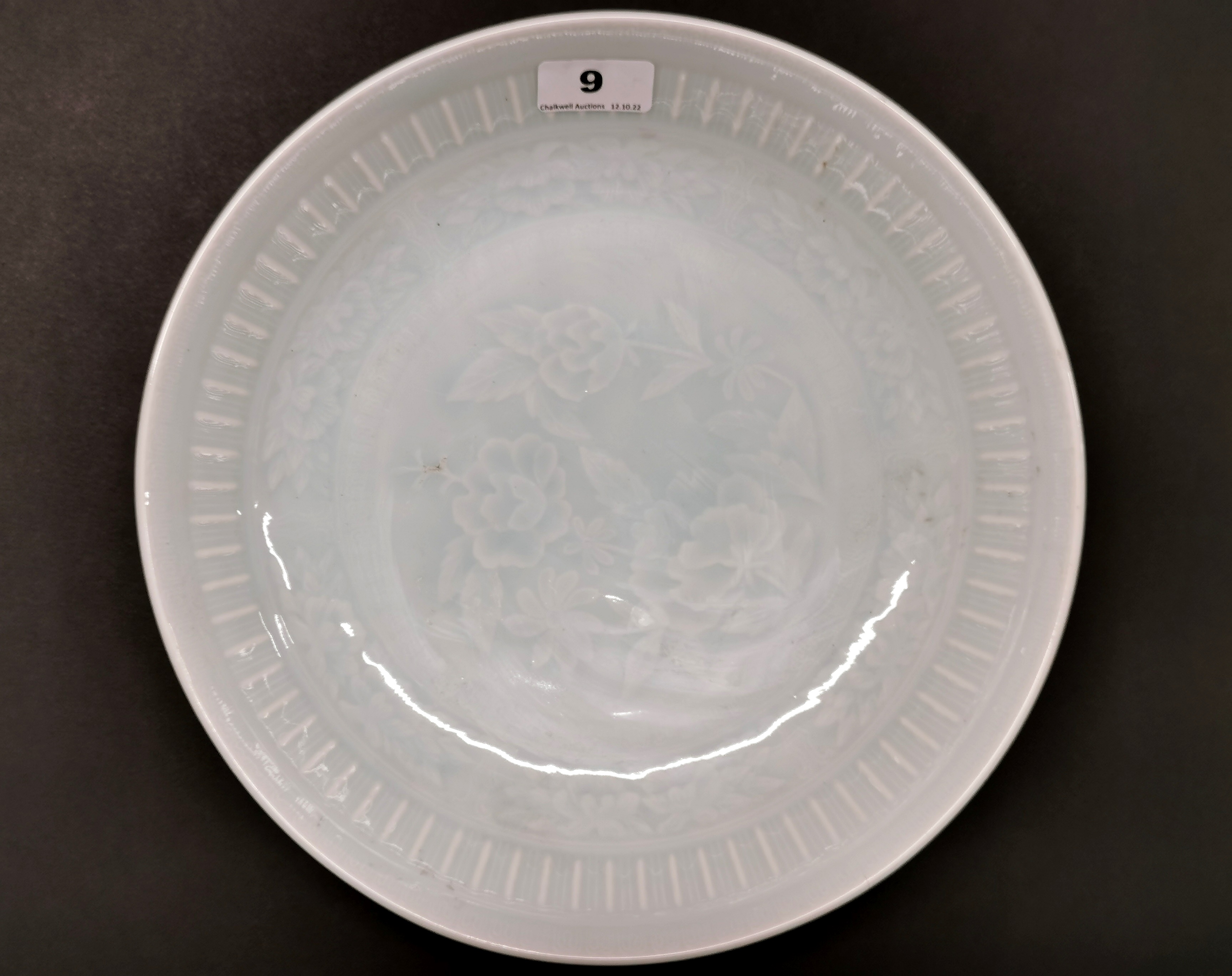 A lovely Chinese celadon glazed and incised porcelain dish, Dia. 30cm. D. 6cm.