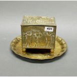A heavy cast brass tea box with liner and inner lid, 16 x 11 x 14cm, together with a heavy