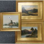 Two 19th C gilt framed oils behind glass and a similar period watercolour, largest 46 x 33cm.