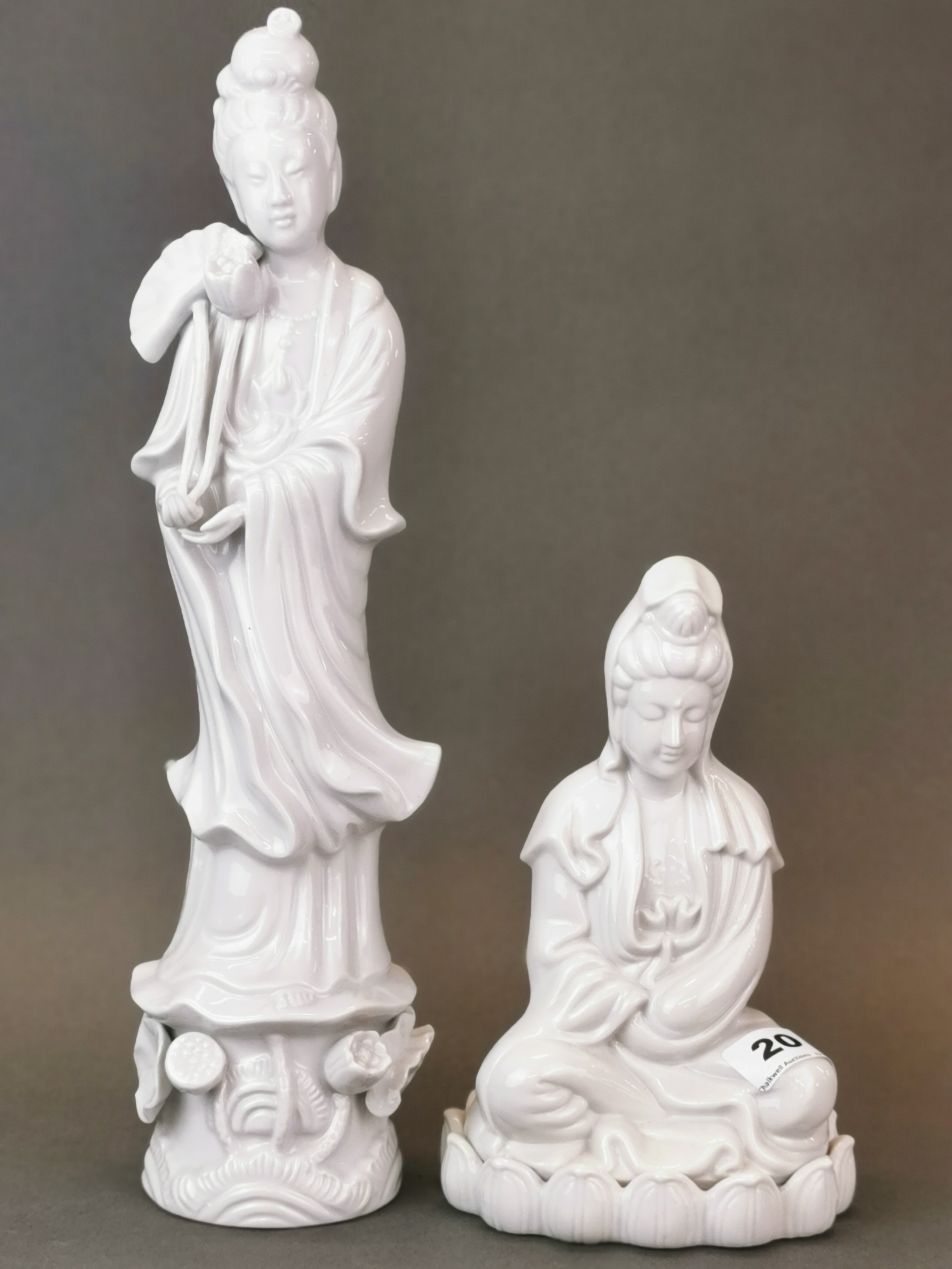 Two Chinese Blanc de Chine figures of the goddess Guanyin, Tallest 37cm.