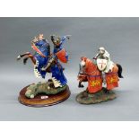 One large porcelain model of a knight on wooden base by Franklin mint, H. 40 (A/F to tail), together