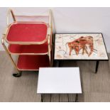 A 1960's tile topped coffee table, a magazine rack and a tea trolley.