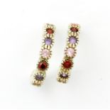 A pair of 925 silver hoop earrings set with garnet, amethyst and other stones, L. 2.5cm.