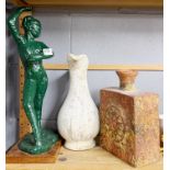 A green painted sculpture, H. 48cm, and two pottery items.