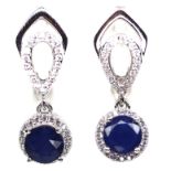A pair of 925 silver drop earrings set with a round cut sapphire and white stones, L. 2.3cm.