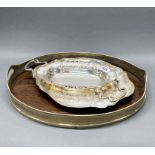 A large antique oak and silver plate gallery tray, W.50cm, together with an Art Nouveau gallery tray