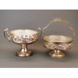 Two Art Nouveau silver plated bowls and liners, widest 30 x 22cm. basket H. 30cm.