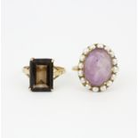 A 9ct yellow gold cluster ring set with amethyst and pearls, together with a 9ct yellow gold