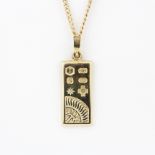 A 9ct yellow gold ingot pendant on a 9ct yellow gold chain, L. 60cm.
