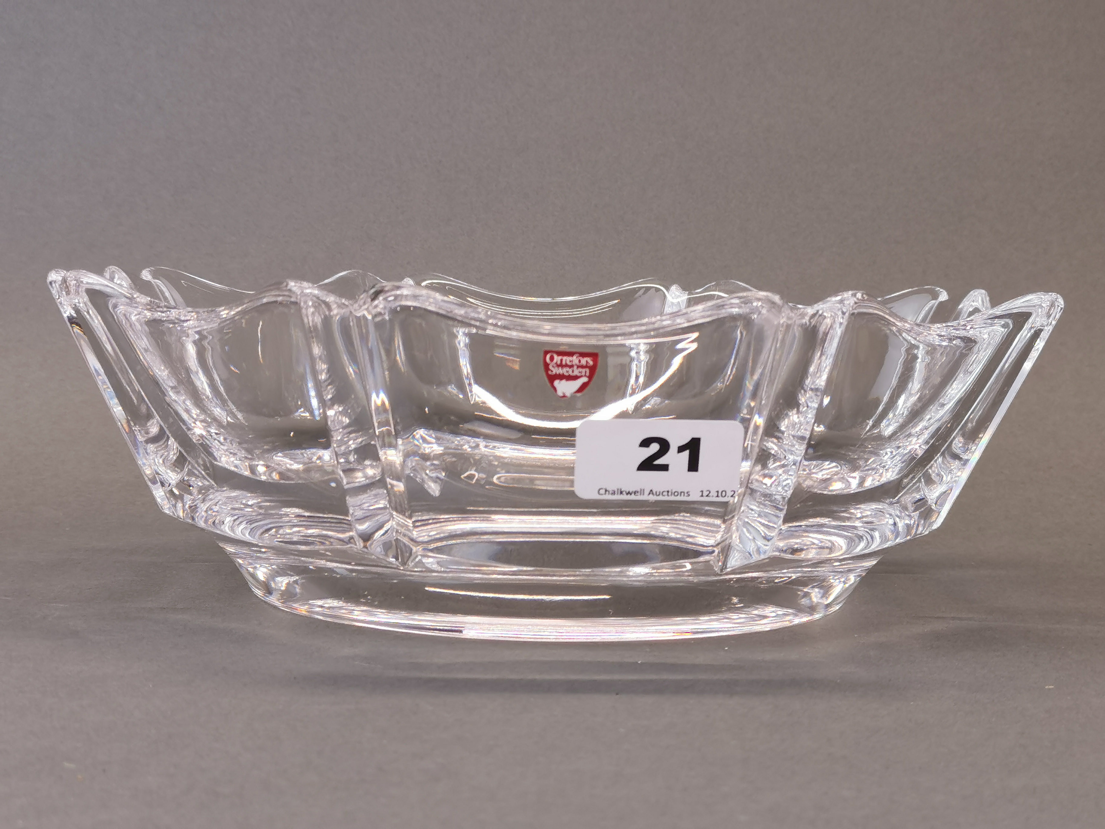 An impressive heavy crystal Orrefors signed bowl by Lars Hellsten c. 1970's, W. 26.5cm.