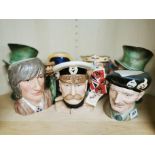 A group of five large Royal Doulton character jugs and two Beswick.