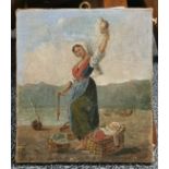 A Victorian unframed oil on canvas of a young woman with a baby collecting shells, 17.5 x 19cm.
