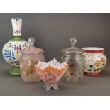 A group of good Victorian painted opaline glass and two painted biscuit barrels, tallest 32cm.