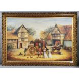 A large gilt framed oil on canvas of a historic village scene signed Bartletts '72, frame size 105 x