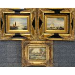 Three gilt framed reproduction marine oils on board, largest 35 x 31cm.