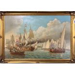 John Cotgrove (British): A gilt framed oil on board of a historic navel scene, frame size 84 x