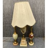 A group of three gilt brass and onyx vintage table lamps, tallest with shade H. 88cm.