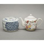 A Chinese hand painted porcelain insense holder, dia. 12cm, with a hand painted porcelain teapot.