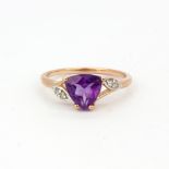 A hallmarked 9ct rose gold (stamped 10k) ring set with a trillion cut amethyst and diamonds, (O).