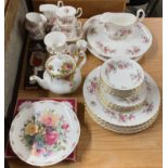 A quantity of Royal Albert Lavender Rose dinner and tea china with an Old Country Roses tea pot.