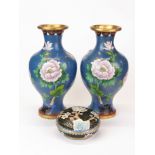 A pair of Chinese cloisonne vases, H 18cm. together with a cloisonne ink box and lid.