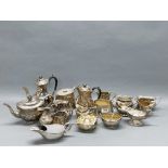 A three piece silver plated tea set and other items.