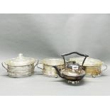 Three vintage silver plate oven proof glass serving dishes and a silver plated kettle.