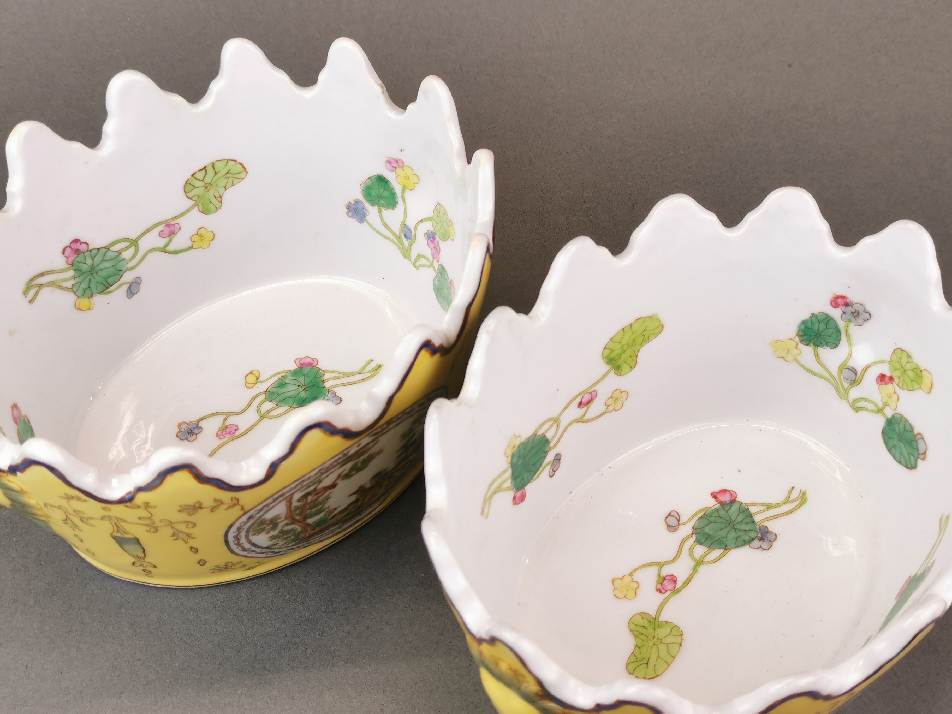 A pair of Chinese hand painted export porcelain wine glass coolers, W. 18cm. H. 9cm. - Image 2 of 3