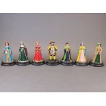 A group of hand painted cast metal figures of King Henry VIII and his six wives, H. 14cm.