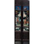 A pair of Chinese wooden frame reverse painted glass panels, 105 x 19cm.