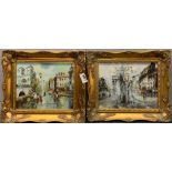 Two gilt framed oils on canvas of Paris, framed size 34 x 30cm.