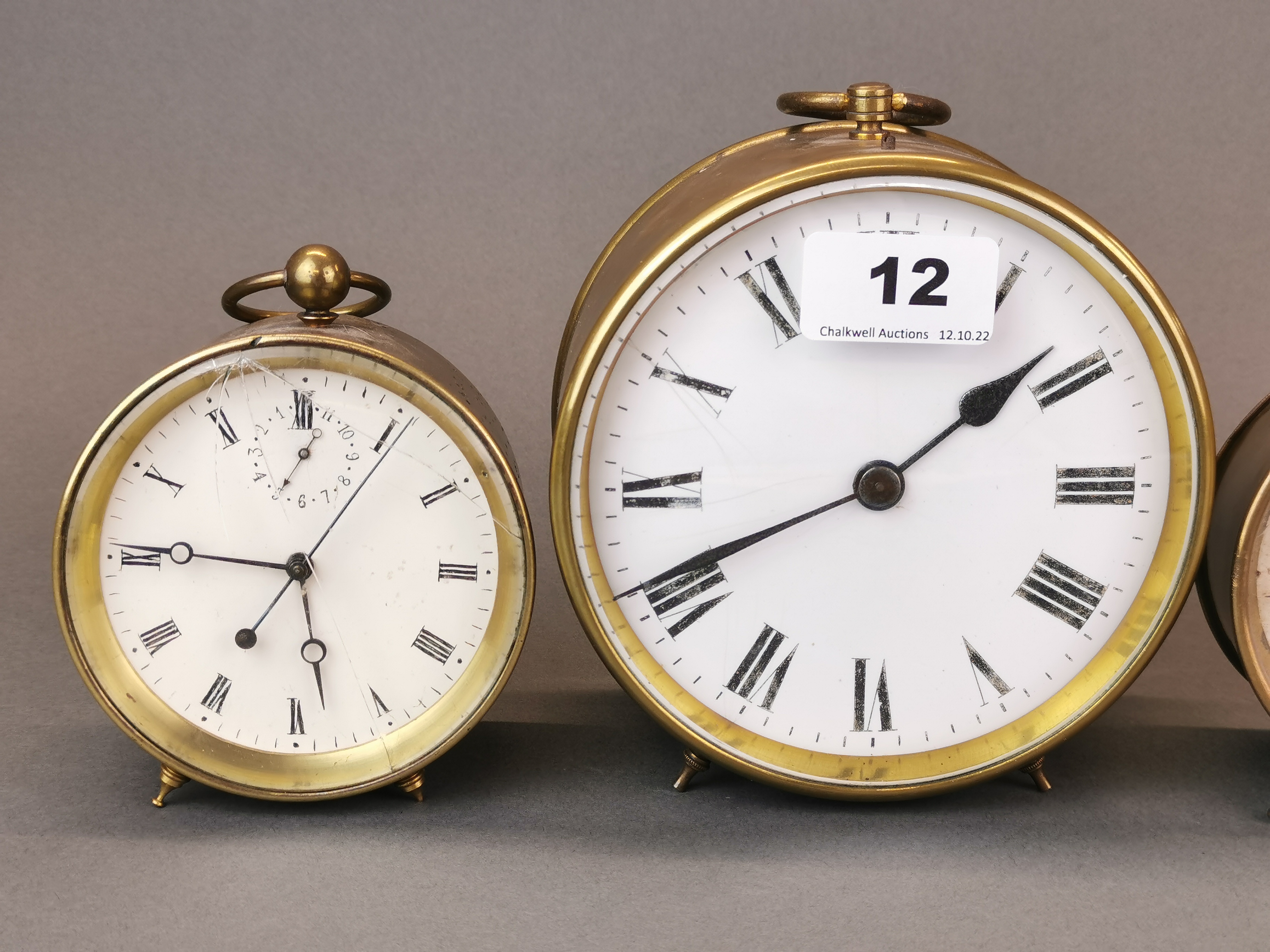 A group of four brass alarm clocks, largest Dia. 14cm. - Image 2 of 6