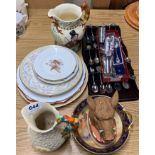 A Clarice Cliff harvest jug with a Crown Devon Fieldings jug and other items.