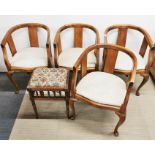 Four vintage beechwood armchairs and a piano stool.