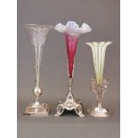 Three 19th century silver plate and glass epergne vases, tallest 33cm.