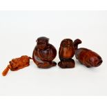 Three carved wooden Netsuke and one Okimono, monkey H. 6cm.