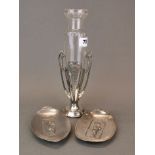 Two WMF silvered metal dishes with an Art Nouveau vase, dish L. 16cm. vase H. 26cm.