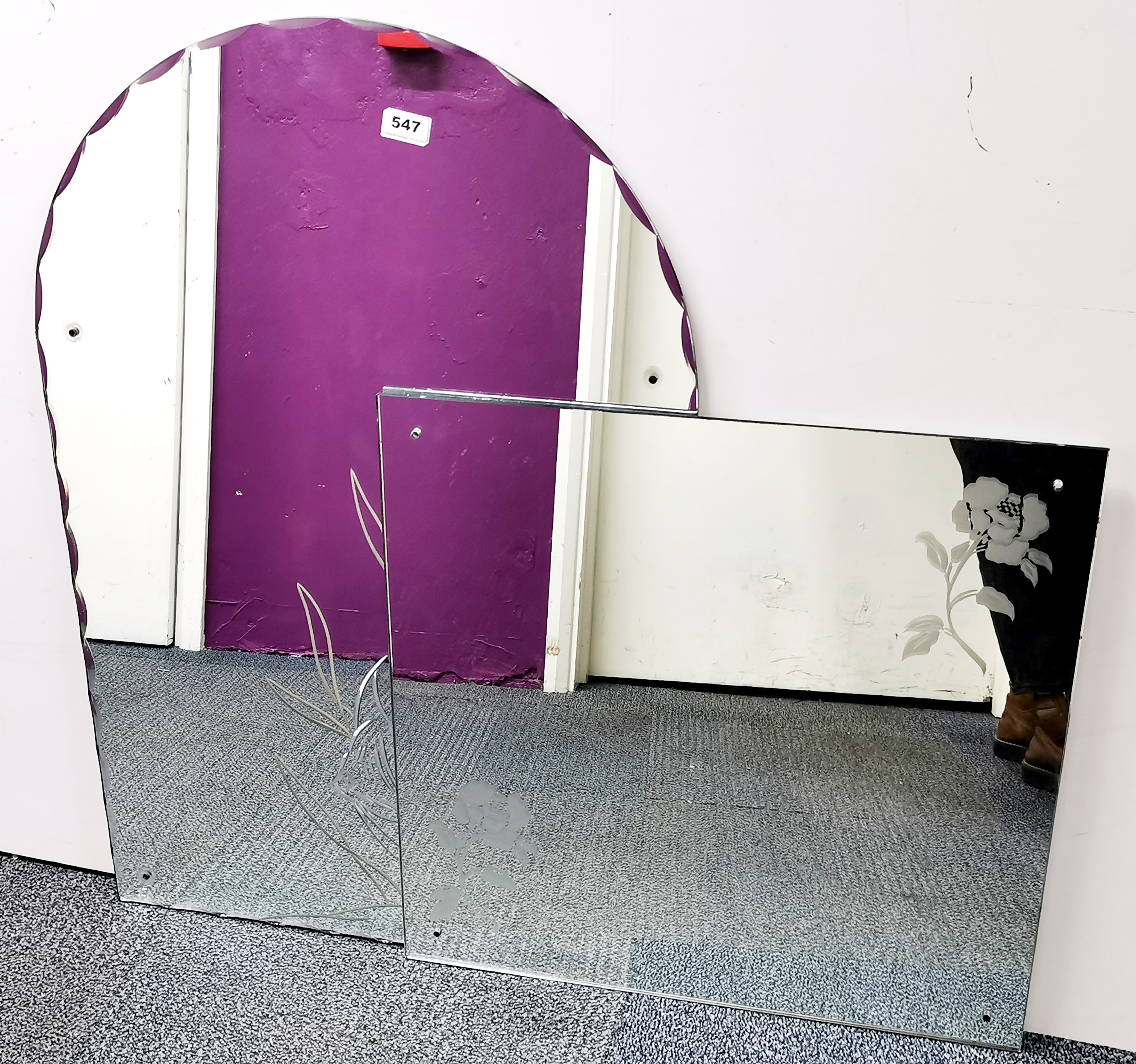 Two vintage etched glass mirrors, largest 60 x 92cm.