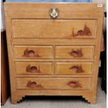 A large oriental carved hardwood and camphorwood lined chest of drawers with blanket chest top, 91 x