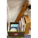 A large quantity of artists materials with easel and a further portable easel.