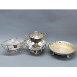 Three antique silver plated and glass bowls/baskets (One handle A/F), and a silver plated trophey,