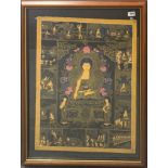 A large Tibetan hand painted thangka on fine canvas of the Buddha surrounded by panels telling a