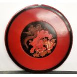 An interesting large Chinese cinnabar style lacquered wooden table top, dia. 95cm.