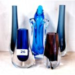 A group of five 1970's glass vases