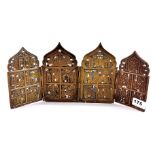 A Russian enamelled four panel folding bronze icon, H. 18cm, W. 40cm.