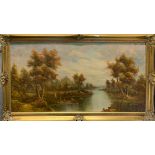 A large gilt framed oil on canvas landscape, frame size 134 x 75cm.